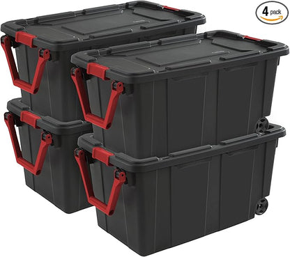 Sterilite 4-Pack Industrial Tote, Heavy-Duty Storage Bins w/Lids and Wheels, 40 Gallon - Stackable Organizing Containers for Home, Garage, Office, and Basement