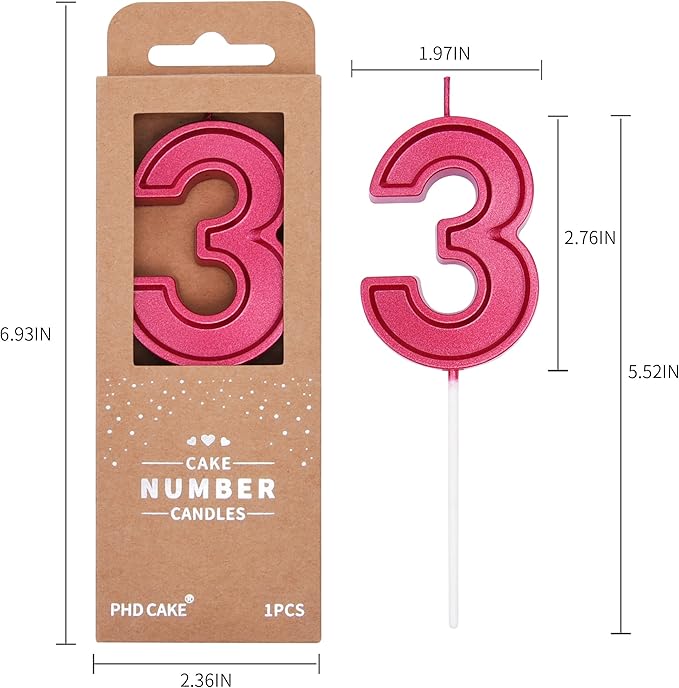 PHD CAKE 2.76 Inch Luxe Red 3 Number Birthday Candles, Red Number Candles, Cake Number Candles, Party Celebration