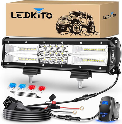 12 Inch LED Light Bar 120W 30000LM LED Off Road Driving Fog Lights Work Lamps Spot Flood Combo with Rocker Switch 16AWG Wiring Harness Kits for Trucks ATV UTV SUV UTE Pickup Tractor Golf