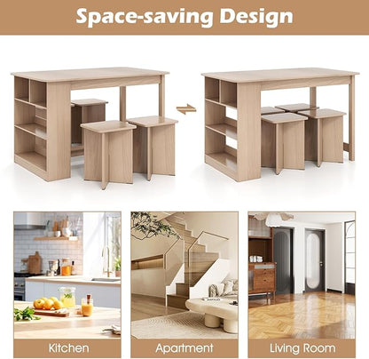 Giantex 5-Pieces Dining Table Set for 4, Kitchen Table Set with Side Storage Shelf, 4 Square Stools, Space-Saving Dining Furniture for Dinner, Dinette, Living Room, Apartment, Restaurant (Natural)