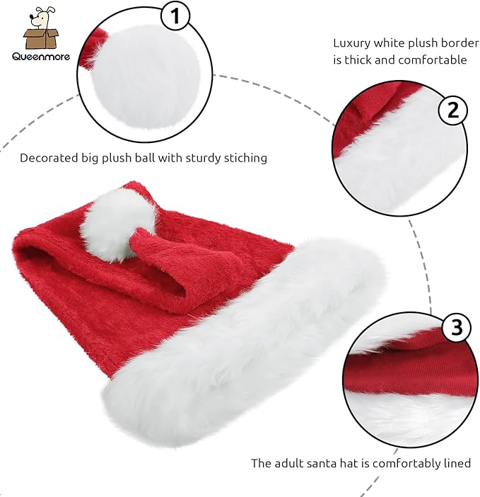 Queenmore Adult's Christmas Santa Claus Hat, Plush Santa Cap, Velvet Headwear, Lined and Fabric-Shedding Resistant