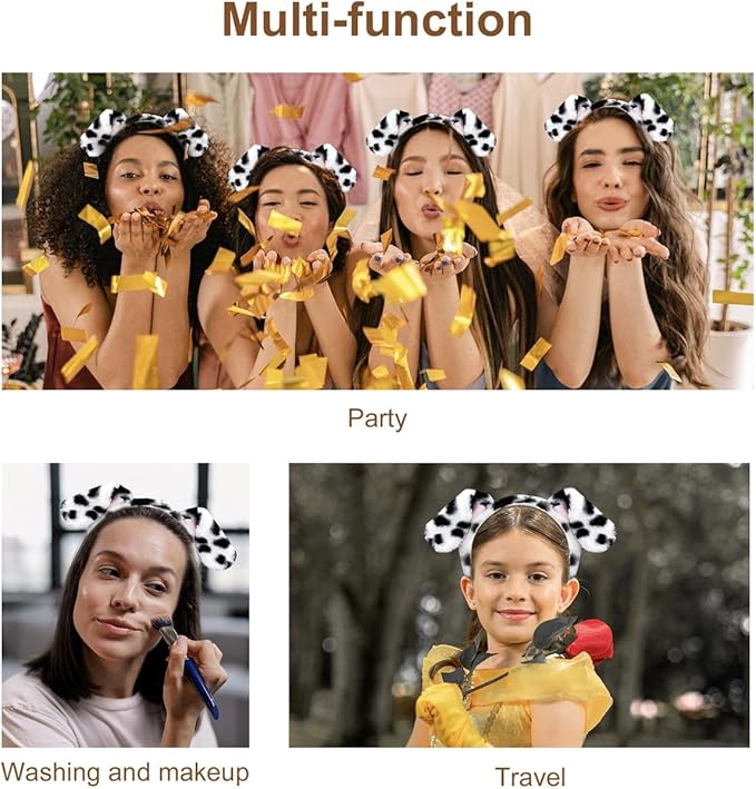 Beviliu Dalmatian Dog Ears Headband - 8 Pack Puppy Ear Hairband Fluffy Adult Dalmatian Costume for Halloween Dogs Party Cosplay Washing Makeup