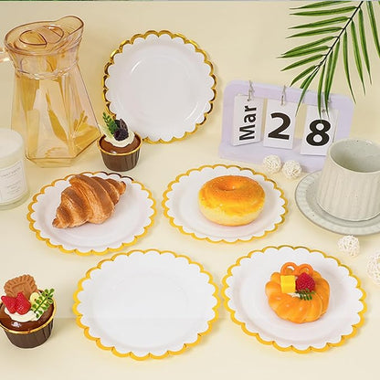 White scalloped party plates with napkins and fork gold foil border, 24 Guest disposable Tableware Set Party Decoration for Birthday Coquette Bridal Baby Shower Valentines