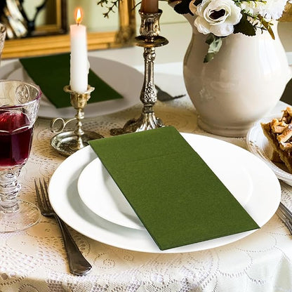 KAMMAK Matcha Green Napkins Disposable with Pocket Cloth Like Dinner Paper Napkins 100 Pack Folded Wedding Reception Napkin Bathroom Guest Hand Towels for Party Decoration (16.5 x 16.5 inch)