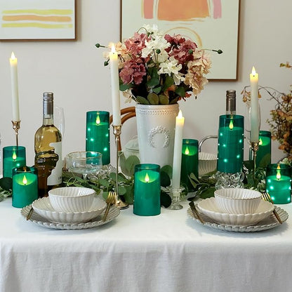 NURADA Flameless Candles: 3D Wick Battery Operated LED Pillar Acrylic Fake Candles with Remote and Timer for St. Patrick's Day Home Holiday Christmas Party Table Decor - 3 Pack Green