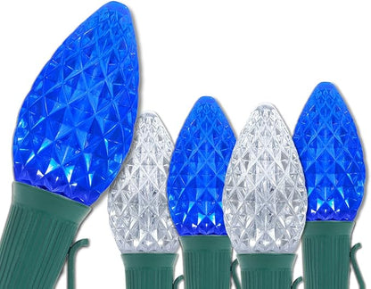 Wintergreen Lighting C7 OptiCore Blue and White Outdoor Christmas Lights - Commercial Grade Cool White and Blue LED Bulbs on Heavy Duty 18 Gauge Green Wire (100 Lights, 100 ft)