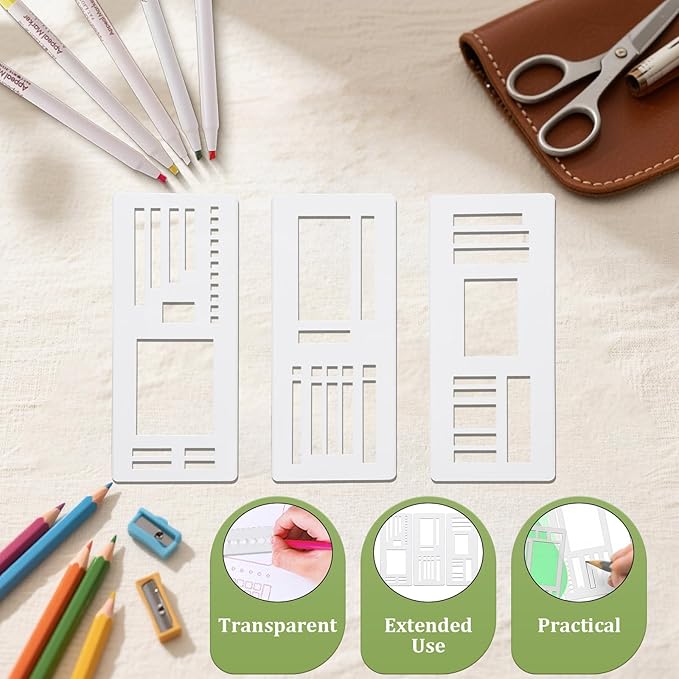 9Pcs Handmade Flexible Record Template, Versatile Planner Stencils Set for Dot Grid Journals, Reusable Drawing and Checklist Templates, Plastic Stencil Drafting Tools with Coils Discs and Rings