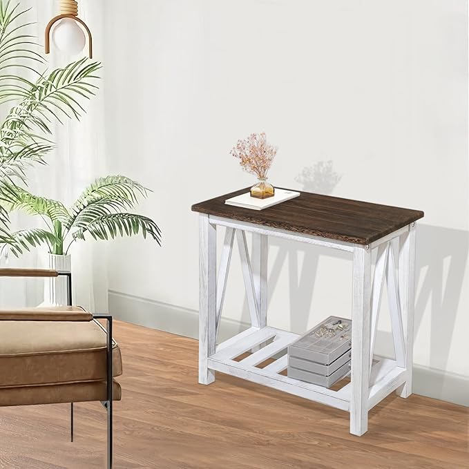 Farmhouse End Table Narrow Side Table Living Room Slim End Tables with Storage Shelf 2 Tier Nightstand for Bedroom Hallway Dormitory, Rustic Brown and White