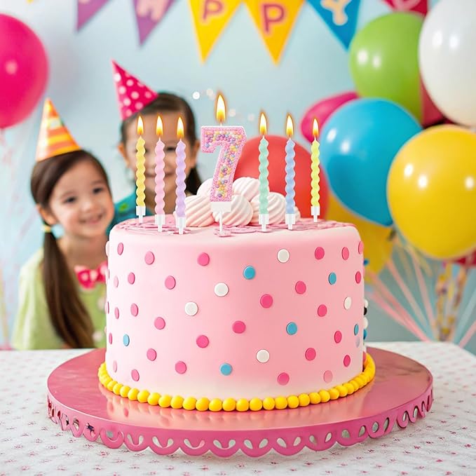MTLEE Number 7 Birthday Candle with 12 Pcs Spiral Candles for Girls Macaron Pastel Rainbow Unicorn Pink Cake Topper for Sweet Theme Party Decoration