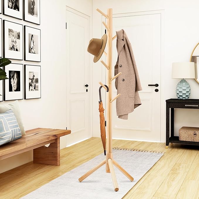 Coat Rack, Freestanding Coat Rack with 8 Hooks and 3 Adjustable Size Tree Coat Racks for Bedroom, Hallway, Entrance, Office, for Hats, Coats, Scarves, Handbags