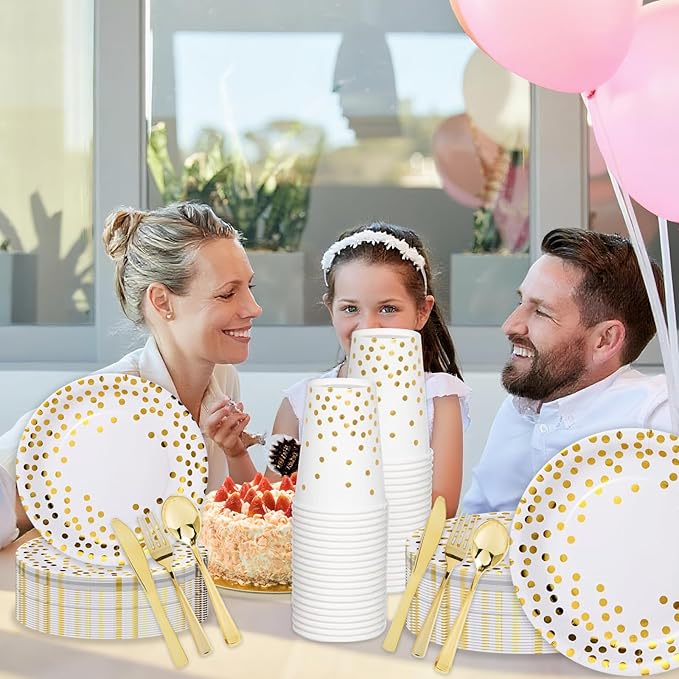 175pcs Premium White Gold Paper Plates Napkins, Golden Dot Party Supplies Set Severs For 25 Guests Paper for Birthday Baby Shower