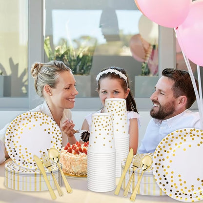 175pcs Premium White Gold Paper Plates Napkins, Golden Dot Party Supplies Set Severs For 25 Guests Paper for Birthday Baby Shower