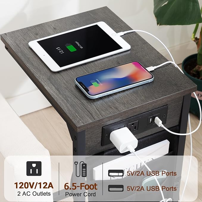 AMHANCIBLE Couch Table, C Shaped End Table with Charging Station, TV Tray Set of 2, Side Table with Storage for Couch, Dark Grey HET04CDG