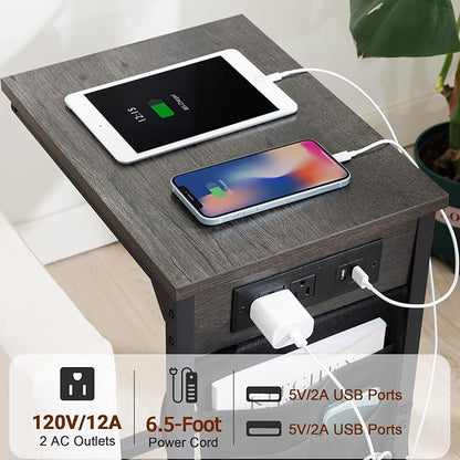 AMHANCIBLE Couch Table, C Shaped End Table with Charging Station, TV Tray Set of 2, Side Table with Storage for Couch, Dark Grey HET04CDG