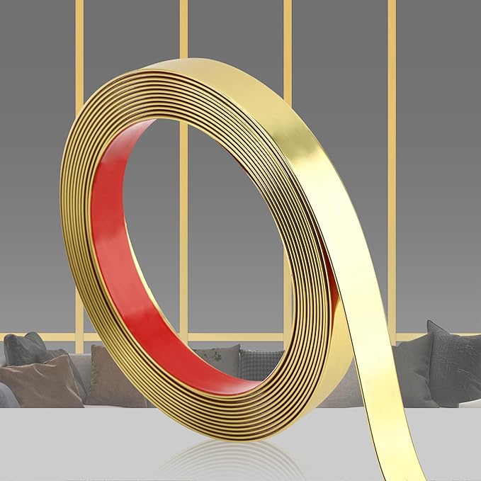 Glossy Gold Peel and Stick PVC Molding Trim, Flexible DIY Wall Accent Strip for Mirror Frame, Cabinet, Edges & Borders and Tiles (394''L x 0.8''W)