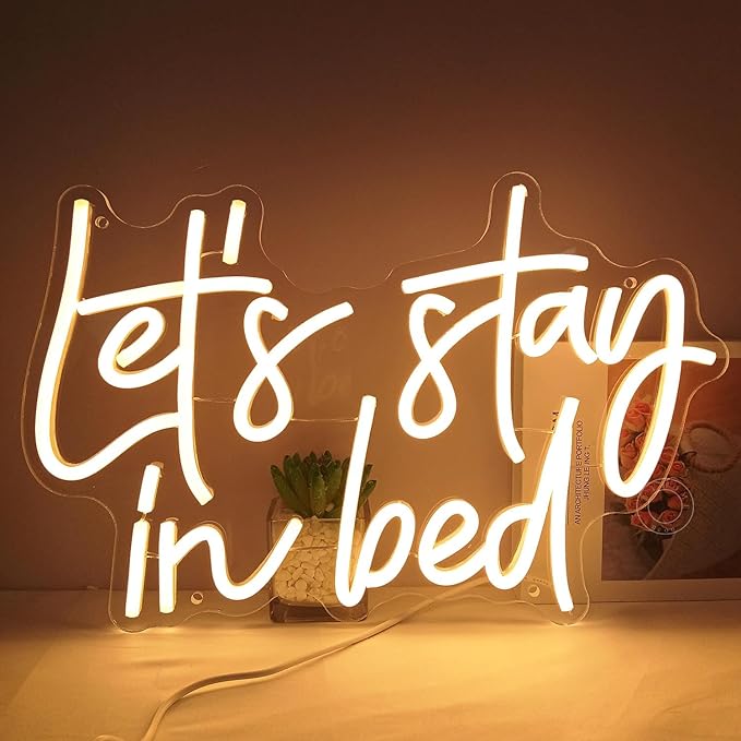 SYLHOME Let's Stay In Bed Led Neon Light Up Sign Bedroom Hotel Apartment Wall Sign Decor Night Slumber Party Birthday Wedding Party Decor Gifts15.75"X10.24" USB Warm