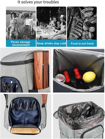 Picnic Backpack Set with Fold Table, Water Bag, Cooler Ice Box & Stainless Steel Utensils - Portable Outdoor Camping Gear for Family Picnics & Hiking (Black, A-4 Person)