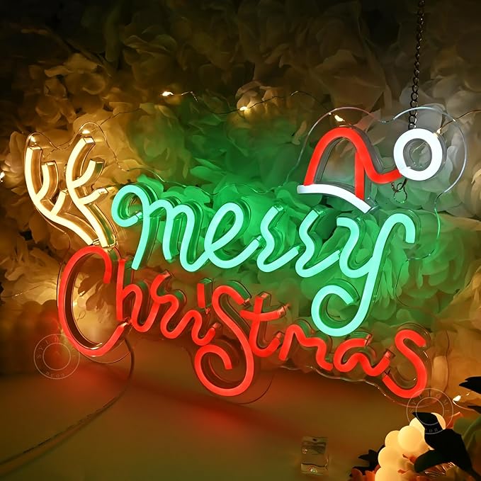 SYLHOME Merry Christmas Led Neon Light Sign Santa Hat Christmas Tree Party Home Bedroom Wall Sign Decor Backdrop Xmas 15.75" X 9.8" USB Colorful