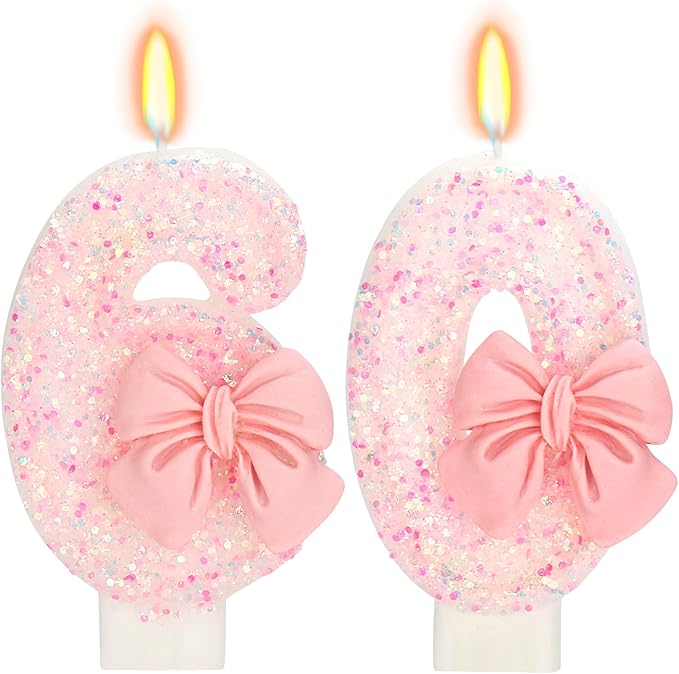 60th Birthday Candles for Cake, Pink Bow Number Cake Candles, 2.76 inch Number Happy Birthday Candle, Cake Topper Decoration for Birthday Party (Number 60)