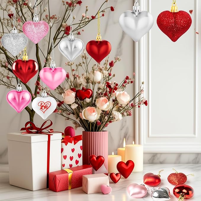 36Pcs Valentines Day Decor Heart Ornaments Classic Red Pink Silver Valentines Decorations Heart Shaped Baubles Hanging Ornaments for Valentine’s Day Christmas Tree Wedding Anniversary Party