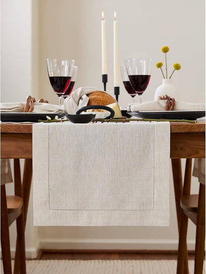 Solino Home Linen Light Natural Table Runner 36 Inches - Classic Hemstitch, 100% Pure Linen Coffee Table Runner 14 x 36 Inch Ideal for Dresser Tables - Fall, Autumn, Christmas, New Year