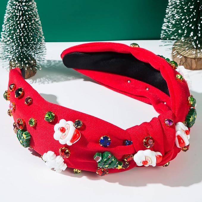 pVq Christmas Headband for Women Knotted Headband with Christmas Tree Crystal Pearl Snowflake Ribbon Xmas Holiday Hairband (Santa Claus - Red, One Size)