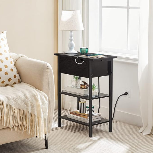 HOOBRO Side Table, Flip End Table with Charging Station and Shelves, USB Ports & Power Outlets, Narrow Nightstand for Small Spaces, Stable and Sturdy, for Living Room, Black BK341BZ01