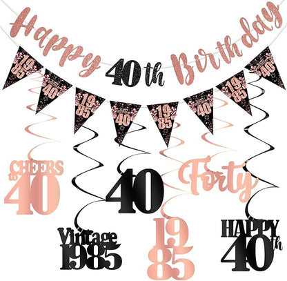 40th Birthday Decorations for Women, Black Rose Gold Happy 40th Birthday Banner Hanging Swirls Vintage 1985 Decorations Kit Cheers to 40 Party Supplies