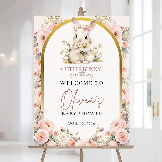 Personalized Bunny Rabbit Baby Shower Welcome Sign for Girl, Pink Peter Rabbit Theme, Greenery Bunny baby shower sign, Gift for Boys & Girls, Gender Reveal Decor, Birthday Party Favors (Style 25)