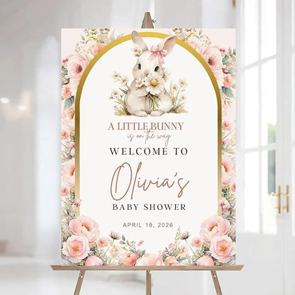 Personalized Bunny Rabbit Baby Shower Welcome Sign for Girl, Pink Peter Rabbit Theme, Greenery Bunny baby shower sign, Gift for Boys & Girls, Gender Reveal Decor, Birthday Party Favors (Style 25)