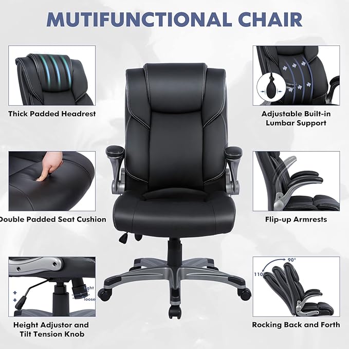 COLAMY High Back Executive Office Chair - Padded Leather Ergonomic Computer Desk Chair with Inflatable Lumbar Support & Flip-Up Arms, Adjustable Tilt Lock Swivel Task Chair for Home Office, Black