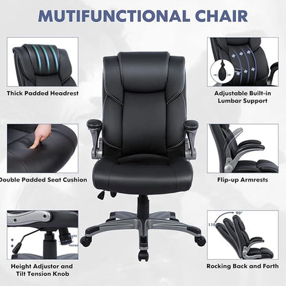 COLAMY High Back Executive Office Chair - Padded Leather Ergonomic Computer Desk Chair with Inflatable Lumbar Support & Flip-Up Arms, Adjustable Tilt Lock Swivel Task Chair for Home Office, Black