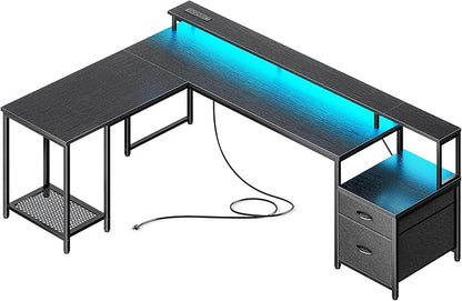 PRAISUN 66" L Shaped Gaming Desk with LED Lights & Power Outlets, Computer Desk with Fabric Drawers and Print Stand, Corner Office Desk, Monitor Stand, Mesh CPU Stand, Black