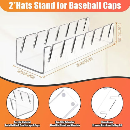 Hat Stand for Baseball Caps, 4 Pack No Install Acrylic Hat Organizer for 28 Baseball Caps Storage Organizer, Hat Racks Hat Holder Display and Organization for Closet, Bedroom, Dresser (Clear-4Pack)