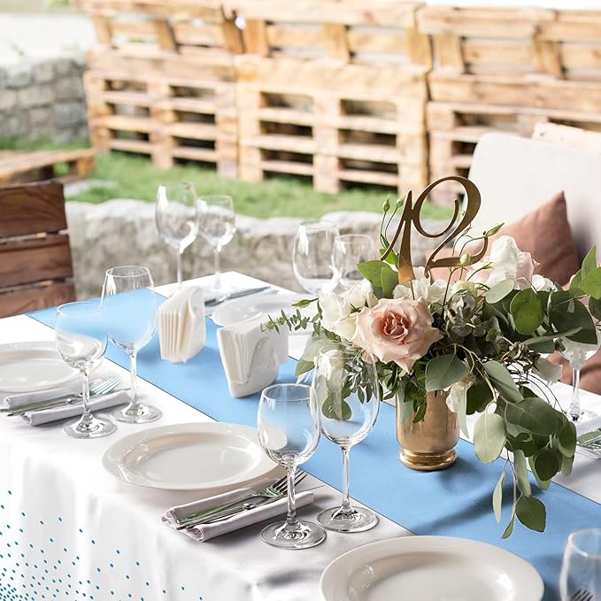 12Pack Disposable Plastic Tablecloths and Satin Table Runner Set White and Light Blue Dot Tablecloth Light Blue Satin Table Runner for Wedding Birthday Baby Shower Engagement Christmas Party Supplies