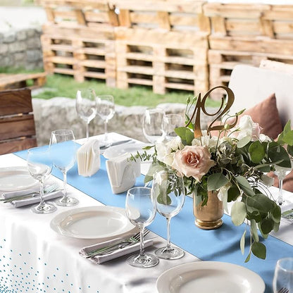12Pack Disposable Plastic Tablecloths and Satin Table Runner Set White and Light Blue Dot Tablecloth Light Blue Satin Table Runner for Wedding Birthday Baby Shower Engagement Christmas Party Supplies