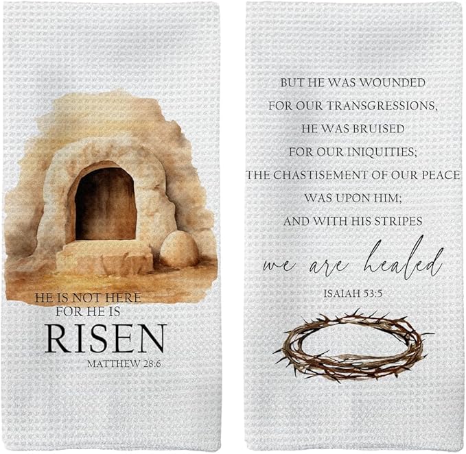 He is Risen Easter Kitchen Towels Set of 2, Christian Easter Hand Towels, EasterBible Verse Dish Towels Tea Towels for Kitchen, Religious EasterGifts, EasterKitchen Bathroom Decor, 16x24 Inch
