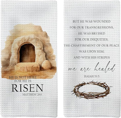 He is Risen Easter Kitchen Towels Set of 2, Christian Easter Hand Towels, EasterBible Verse Dish Towels Tea Towels for Kitchen, Religious EasterGifts, EasterKitchen Bathroom Decor, 16x24 Inch
