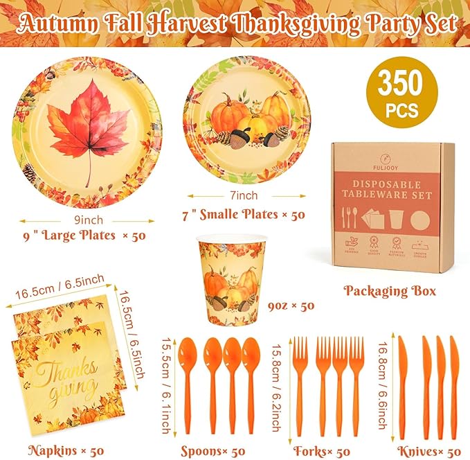 350 Pcs Fall Dinnerware - Thanksgiving Party Decoration Supplies with Autumn Pumpkins, Maple Leaf Paper Plates, Napkins & Cups for 50 Guests