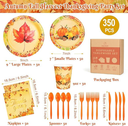 350 Pcs Fall Dinnerware - Thanksgiving Party Decoration Supplies with Autumn Pumpkins, Maple Leaf Paper Plates, Napkins & Cups for 50 Guests