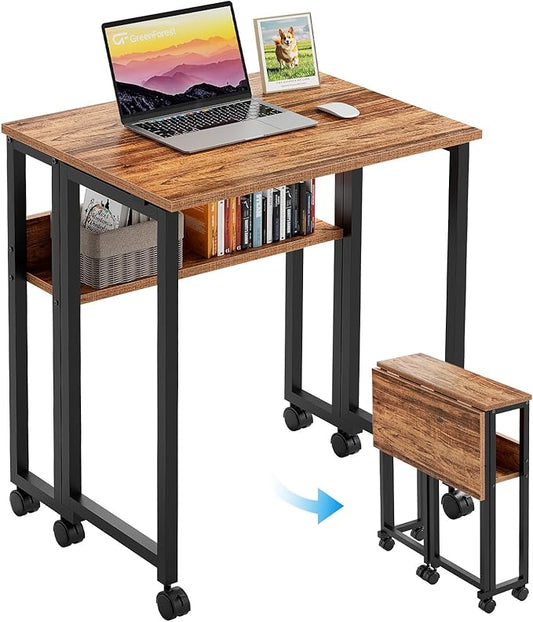 GreenForest Folding Desk Small Rolling Desk with Storage Shelf, 31.5 inch Foldable Computer Desk with Wheels for Small Space, Easy Assembly,Walnut