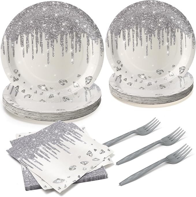 96pcs Disposable Glitter Diamonds Tableware Set Silver Paper Plates Round for 24 Guests Party Table Supplies Kids Birthday Party Picnic Wedding (Include Plates, Forks and Napkins)