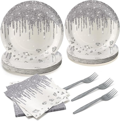 96pcs Disposable Glitter Diamonds Tableware Set Silver Paper Plates Round for 24 Guests Party Table Supplies Kids Birthday Party Picnic Wedding (Include Plates, Forks and Napkins)