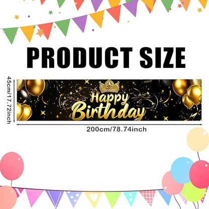 Nuxovilar Happy Birthday Banner Decorations 17.72x78.74 Inch Black Gold Crown Balloon Theme - Polyester for Indoor Outdoor Birthday Party Decor