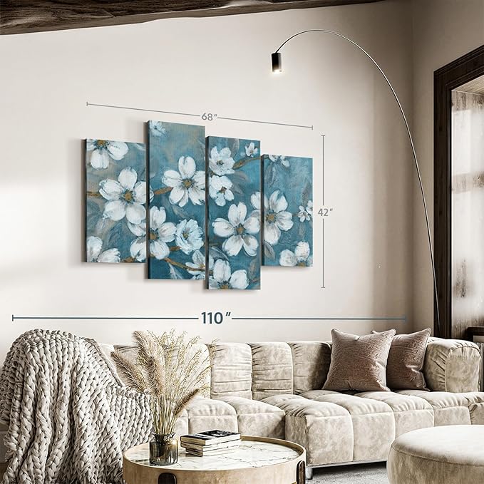 Elephant Stock Blossoms Of Evening Wall Art - Horizontal Canvas - 4-Piece Living Room Wall Decor - Blossom Painting Canvas Print - Blue and Gray Decor for Wall by Carol Robinson - 68" X 42"