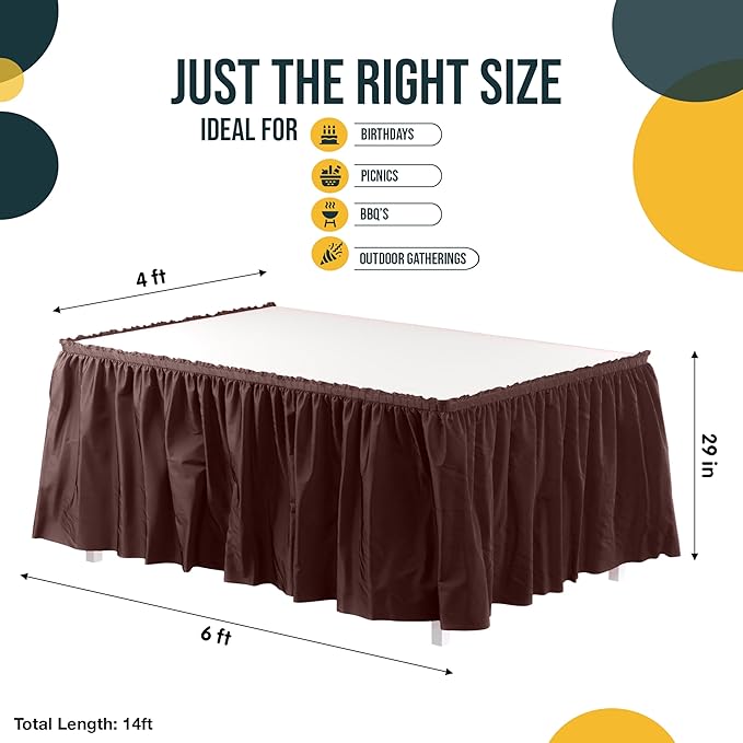 Exquisite Ruffle Table Skirt Brown 2 Pack 14 Ft Long Table Skirts for Rectangle Tables 6ft Plus or Round Tables Skirts with Adhesive Strip for Gender Reveal Decor & Happy Birthday Parties
