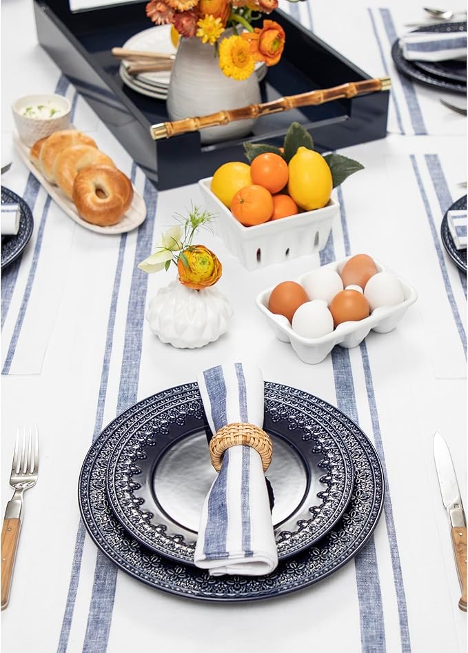 Solino Home Linen Table Runner 48 Inches - French Stripe, 100% Pure Linen Navy and White Farmhouse Table Runner 14 x 48 Inch Ideal for Dresser and Coffee Tables - Fall, Holiday
