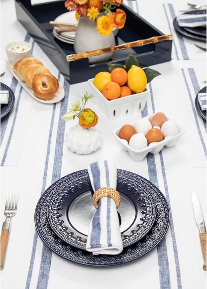 Solino Home Striped Linen Table Runner 90 Inches Long - French Stripe 100% Pure Linen Navy and White Dining Table Runner 16 x 90 Inch