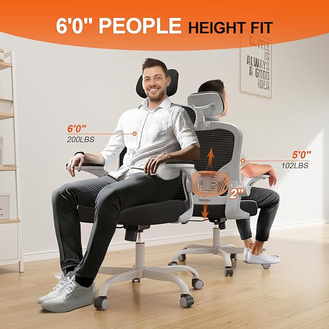 Synorla Office Chair Ergonomic Desk Chair, 330LBS Capacity, High Back Computer Design for Long Hours Comfort, Rolling Swivel for Home Office, Flip-up Armrests（Grey Black）