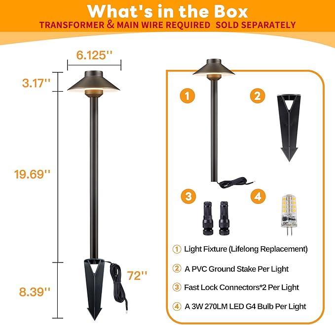 Gardenreet Brass Landscape Path Lights - 12V Low Voltage Pathway Light IP65 Waterproof, LED Outdoor Walkway Lighting Wired, Hat Bronze for Patio Lawn with 3W 2700K Warm White G4 Bulb (10 Pack)